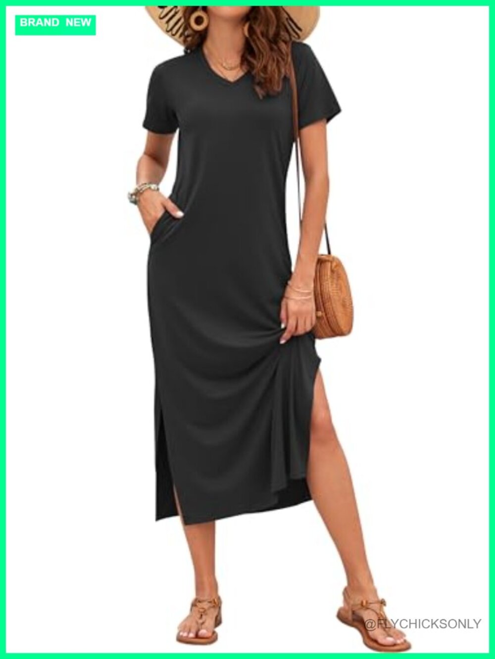 Maxi Dress with Pockets V Neck Short Sleeve Loose Casual Summer